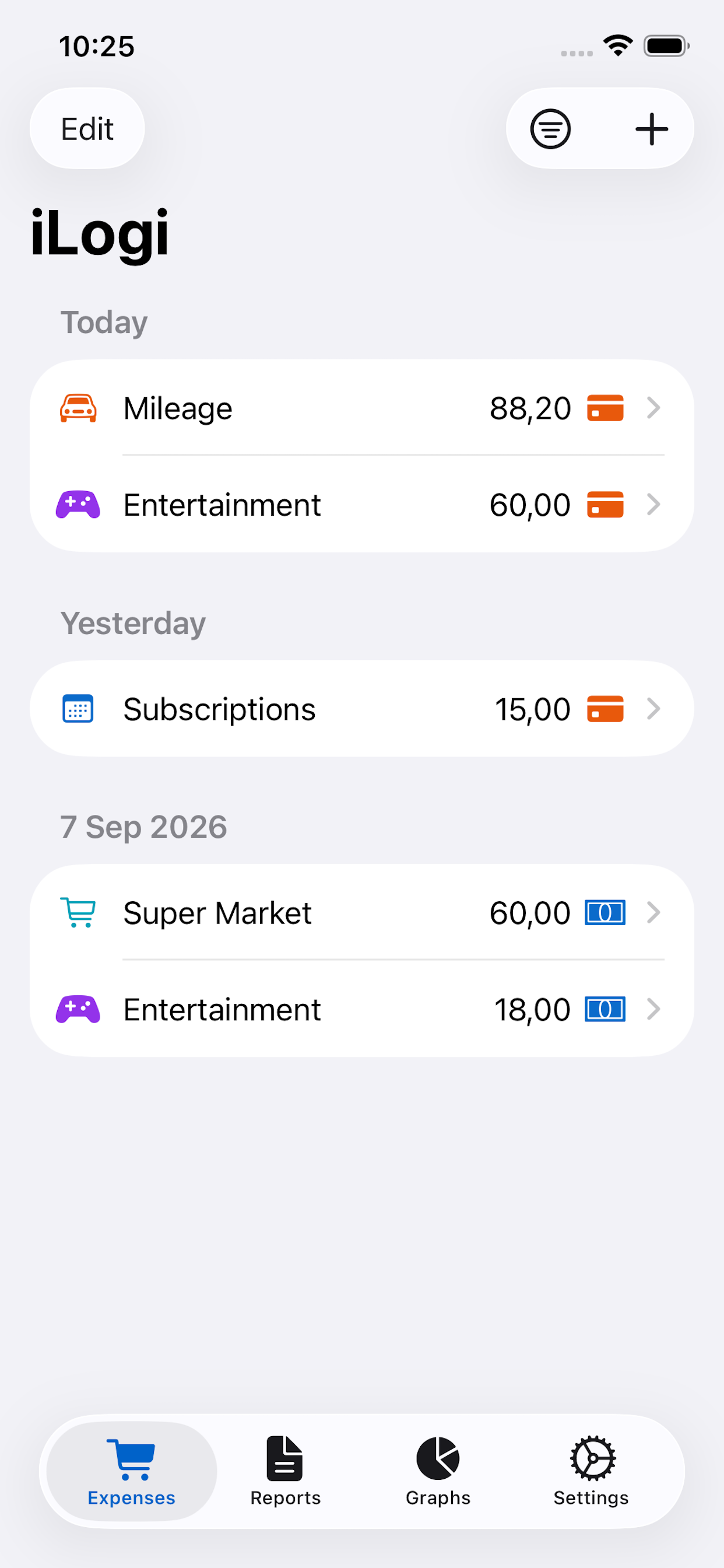 iLogi Expenses tab — a list of logged expenses grouped by day